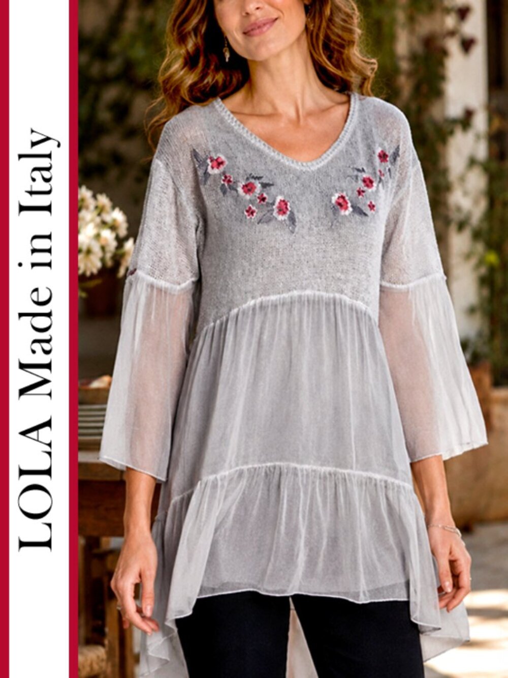LOLA Made in Italy | Floral Embroidered Silk, Mohair, Wool Tunic